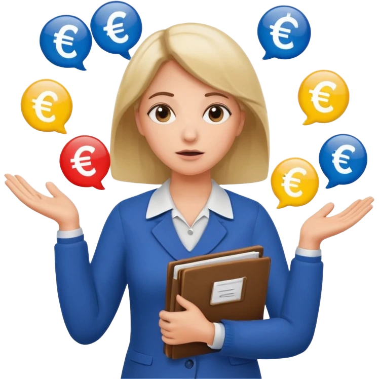 A confused female kindergardenteacher shrugging shoulders with euro symbols and documents floating around. emoji