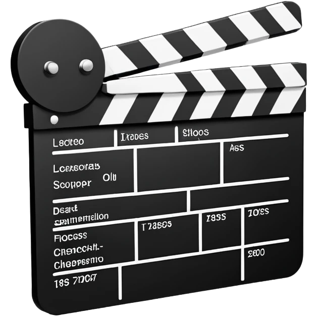 Side view of minimalist clapperboard, black and white with simple geometric shapes, iOS emoji style emoji