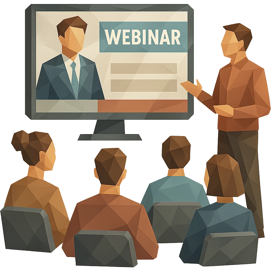 polygonal low-poly style webinar with geometric shapes for people and screens emoji