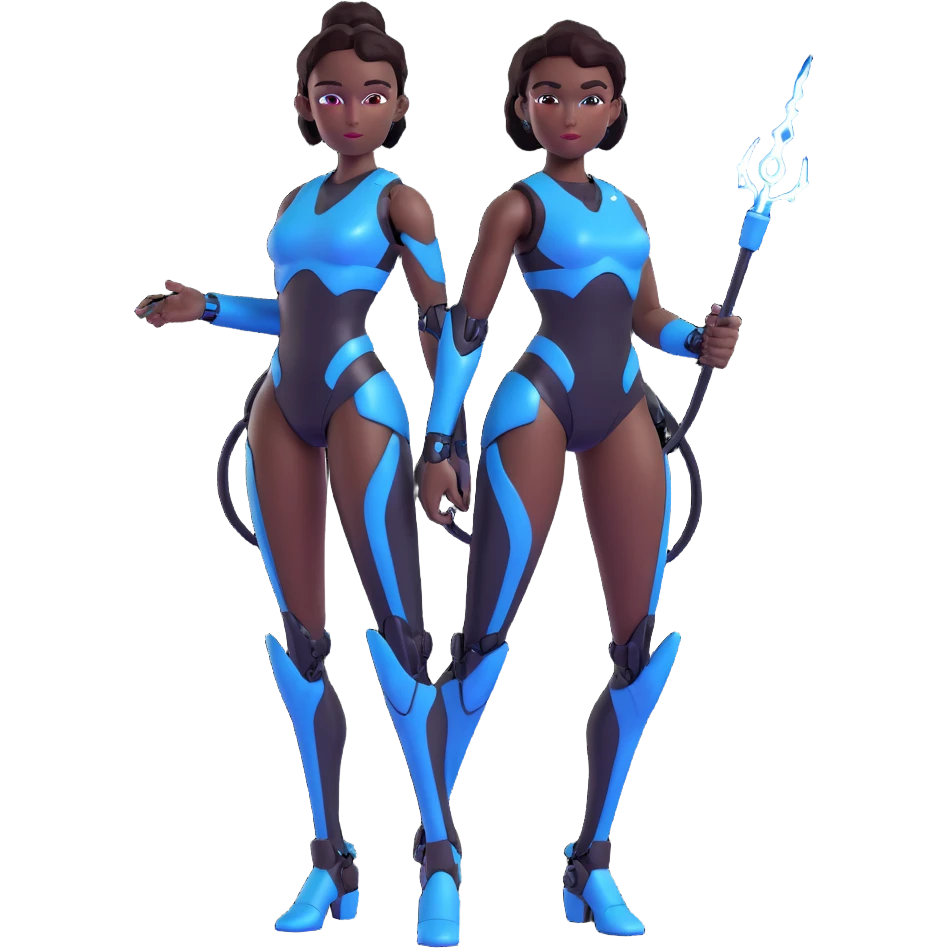 glossy emoji style of a slender black female robot, confident pose, small ear pieces, holding a realistic blue lightning whip, thighs and biceps pink with hex pattern, rest shiny black emoji