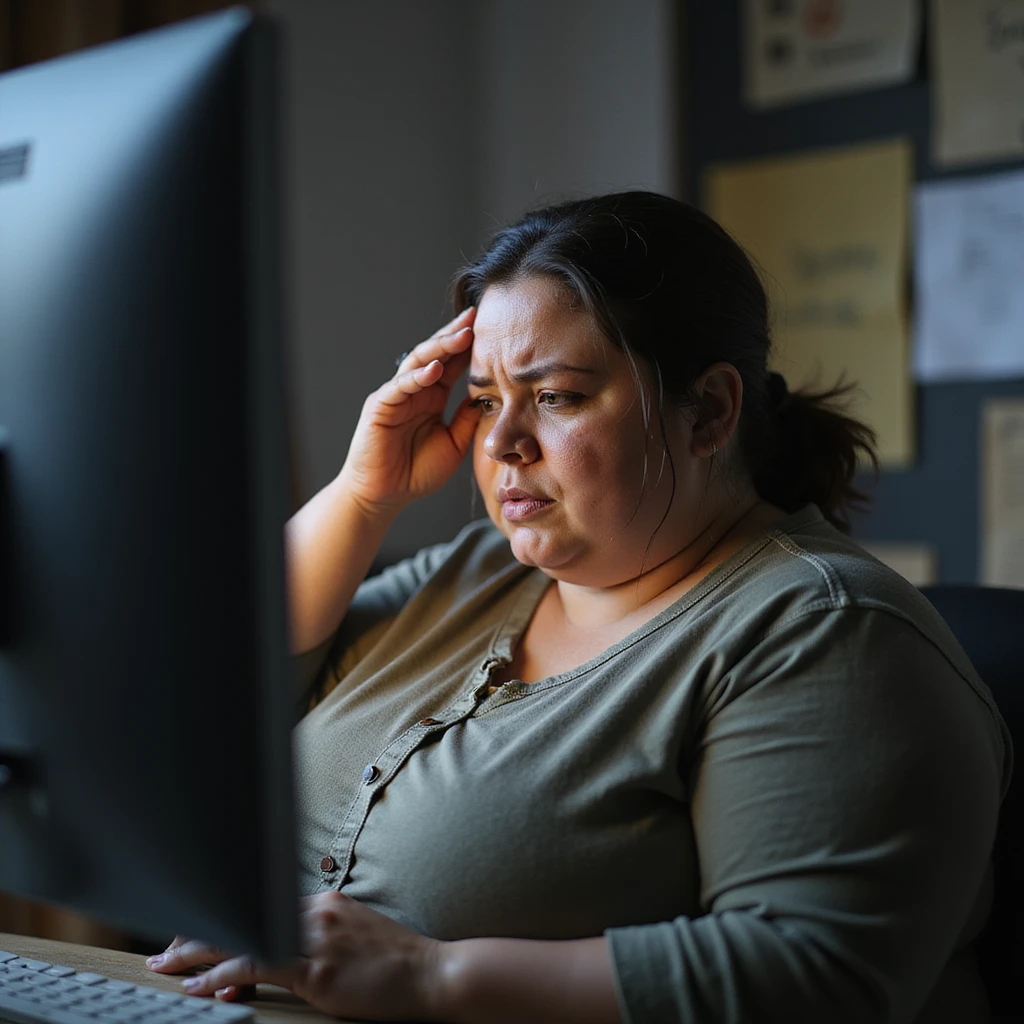 obese woman in front of a screen, dazed expression, hand on forehead as if struggling to think, hyperrealistic 4K details, work environment, signs of mental slowing emoji