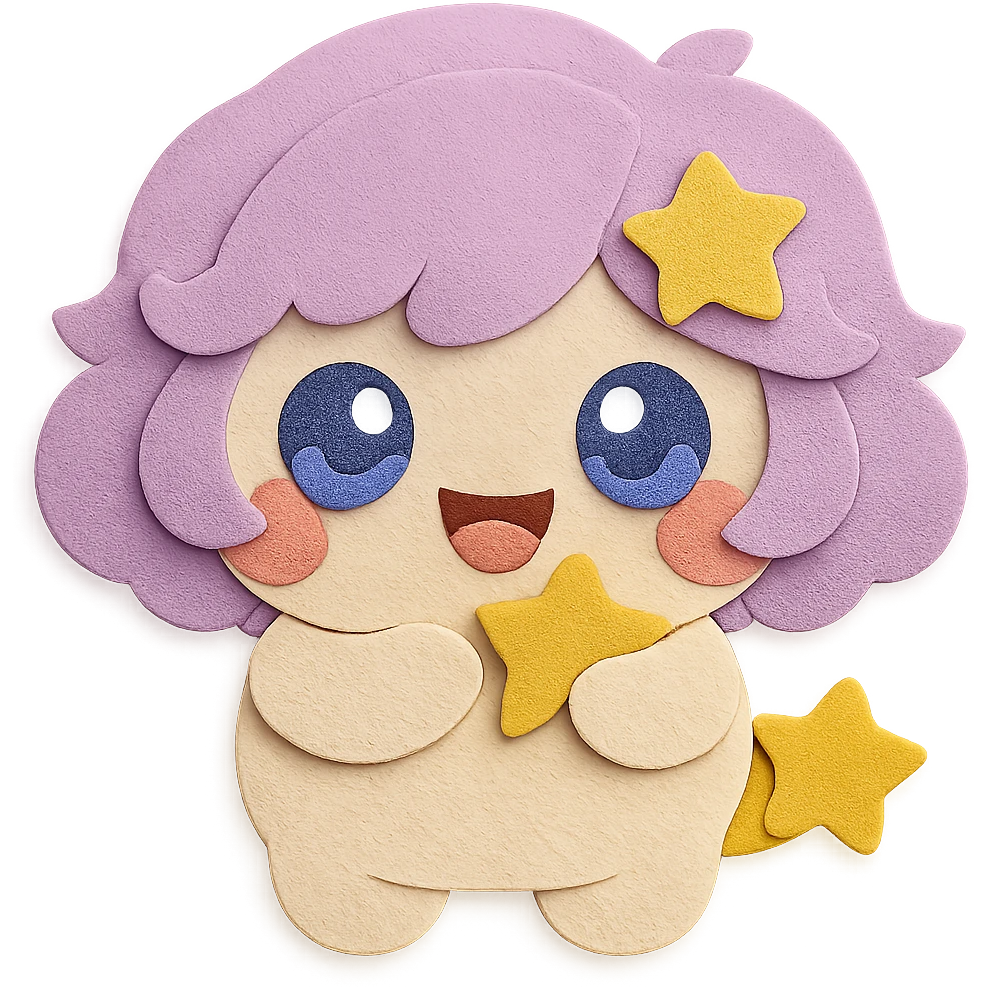 Remove the yellow moon from the hair but keep the yellow star and all other hairstyle features and colors. Add a super cute, soft, and heart-melting open-mouth smile. Keep the full body, paper craft style with clean lines and transparent background. emoji