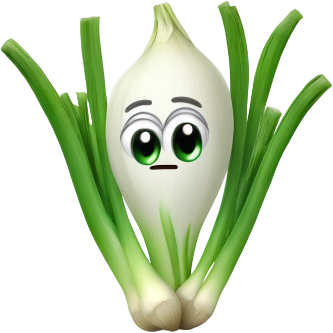3D Cheerful green onion with big expressive eyes, a wide smile, and a few green stalks on top. Designed in a cute, cartoonish style with vibrant colors. emoji