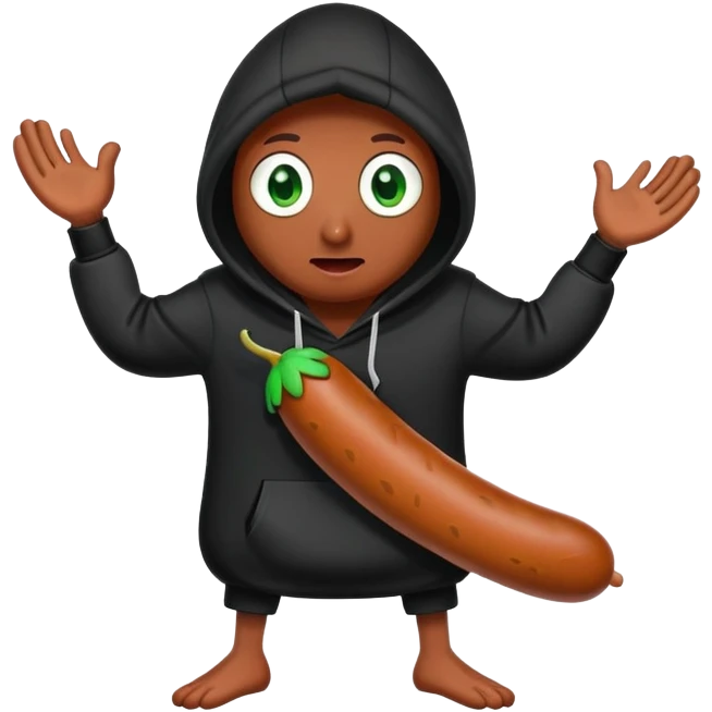 An evil sausage with two green eyes, legs and arms in a black hoodie emoji
