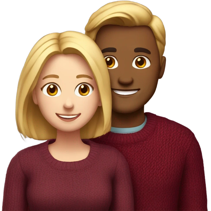 Couple high with burgundy sweaters and a warm smile, she has blonde hair and he has brown hair emoji