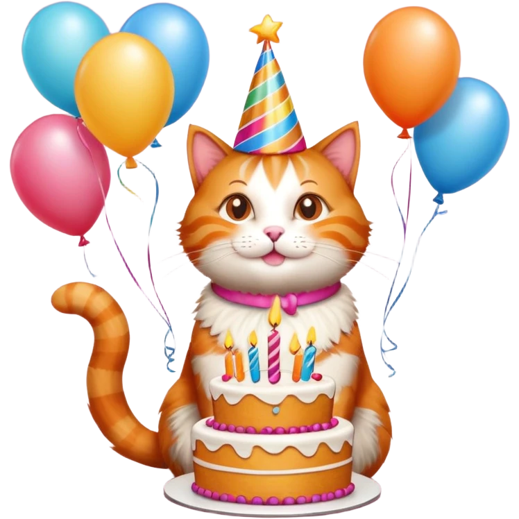 Ginger cat celebrates birthday, birthday hat, birthday cake, balloons, happy, gifts emoji