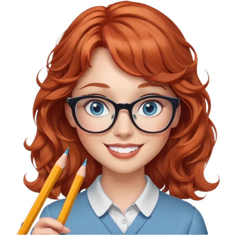 redheaded woman with wavy hair and bangs, blue eyes, glasses, chic outfit, holding a pencil, smiling emoji