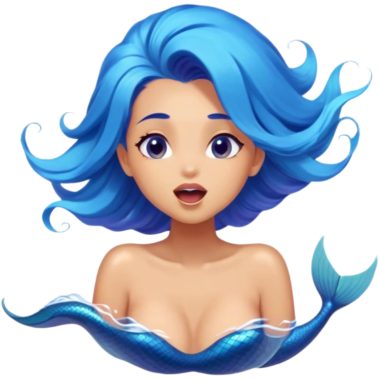 Cinematic Realistic Blue Hair Mermaid Portrait, head tilted slightly with a dramatic, wide-open yawn, revealing a tender, relaxed visage with intricately detailed, tanned skin and vibrant, cascading blue hair softly billowing around her. Her dreamy eyes exude a serene, aquatic charm, rendered with gentle underwater lighting and a soft, high-shine finish that captures the essence of a drowsy yet captivating mermaid drifting into tropical slumber. emoji