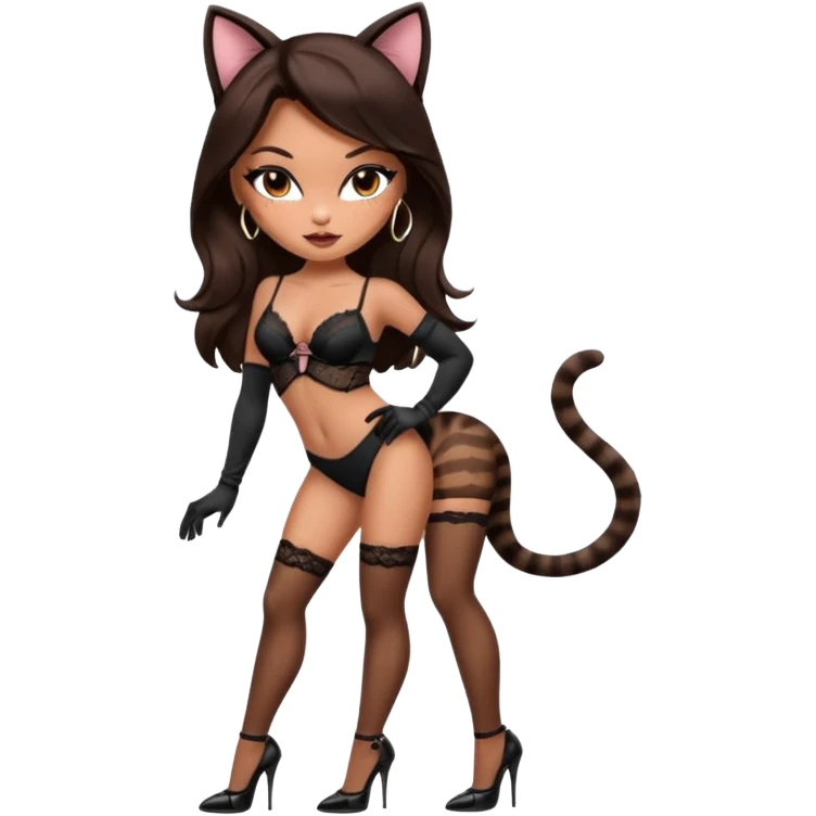A sexy bratz girl. with caramel skin. Dark brown hair and brown eyes. She has freckles. Wearing sexy makeup. Dressed as a sexy cat. wearing lingerie. black heels on and long black gloves  emoji