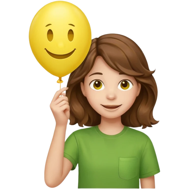 Teen girl wavy brown hair, green shirt, with smiley-face balloon emoji