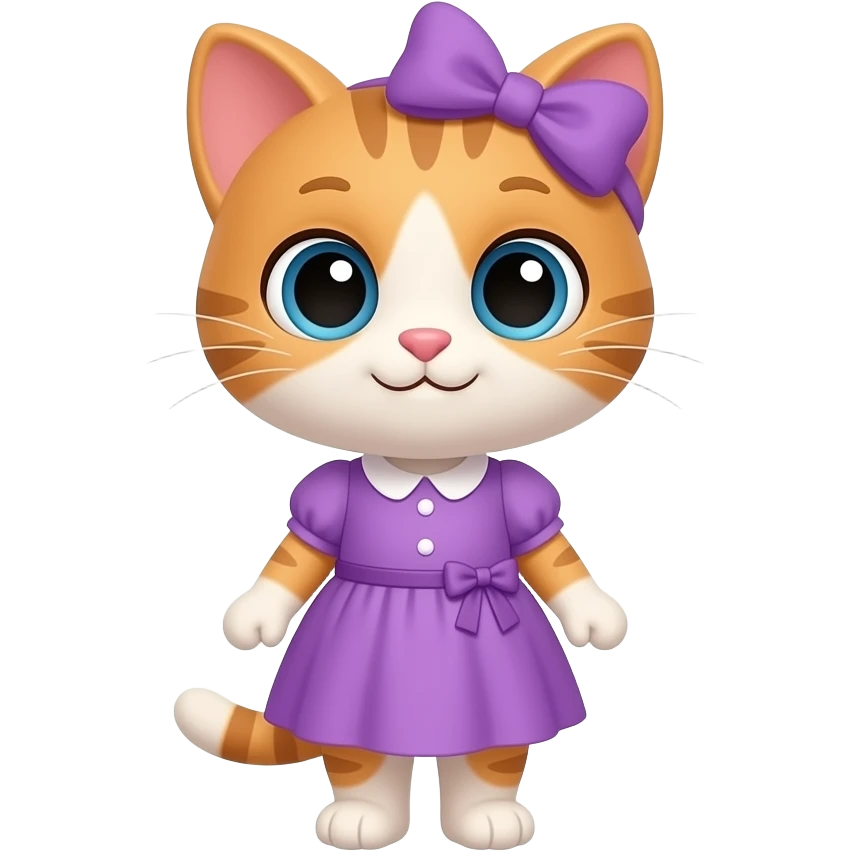 Cartoon sister kitten standing wearing a purple dress emoji