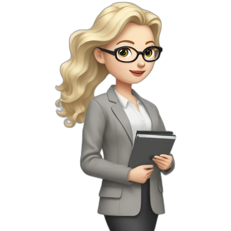 full height pale skin woman with cold blonde hair, Care haircut, White blouse, Gray oversize jacket, Gray skirt and metal glasses holding a color palette in the hands of a color palette emoji