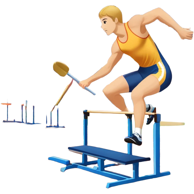 A collage of track and field equipment: a starting block, javelin, hurdle, discus, and high jump bar, symbolizing various disciplines. The background features a vibrant stadium with a running track, field events area, and cheering crowds.  emoji