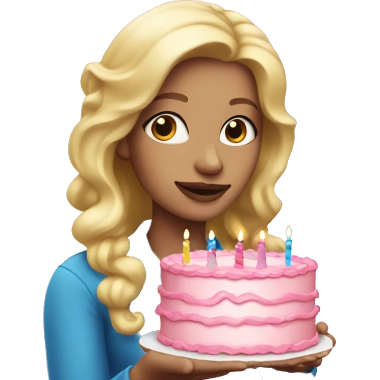 Blonde woman with blue eyes holding a pink birthday cake  emoji