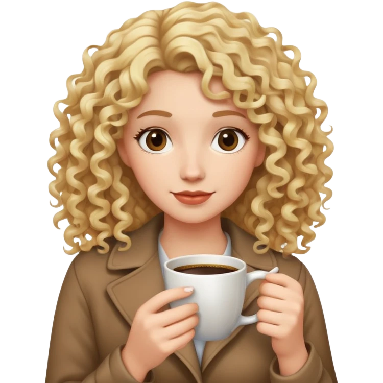 Women with blonde curly hair and holding coffee emoji