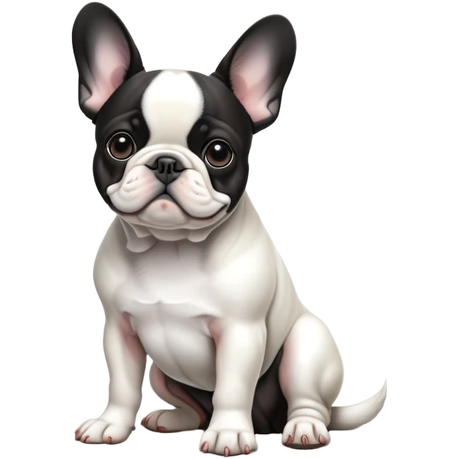 cinematic-[french bulldog]-realistic-full-body-sitting-emoji,-tail-resting-loosely-beside-its-paws,-head-tilted-dramatically,-sleek-[black ant whitepied]-fur,-simplified-yet-realistic-focused-features,-highly-detailed,-glowing-with-an-almost-sarcastic-glow emoji