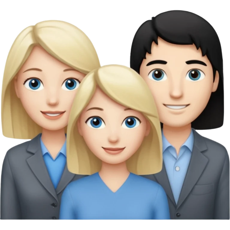 Blond woman with blue eyes on left. And a Man with black hair and grey eyecolor in the middle. And a blank woman with brown hair and grey eyes on the right. Happy together emoji