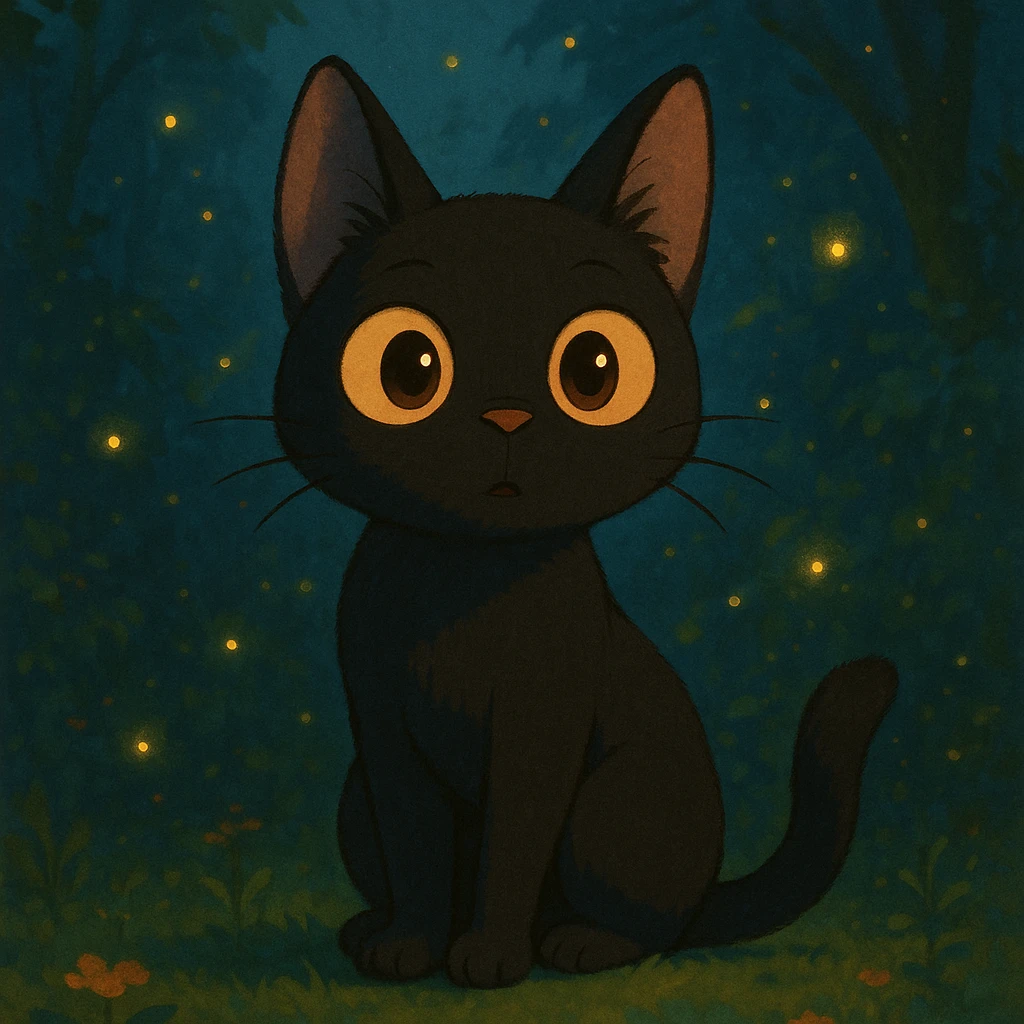 curious cat with big eyes and magical atmosphere in ghibli style emoji