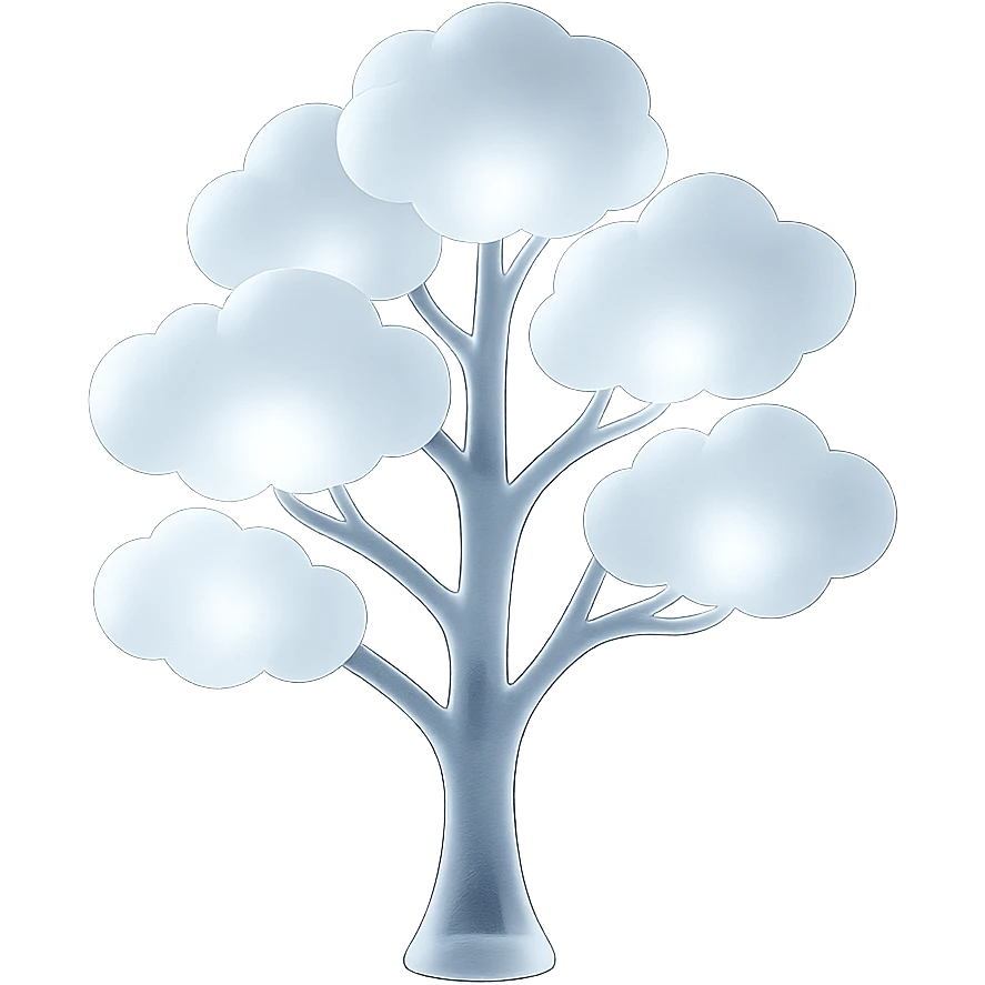 one tree with many branches and a white trunk, crown made of small very bright white fluffy convex clouds, matte glass style emoji