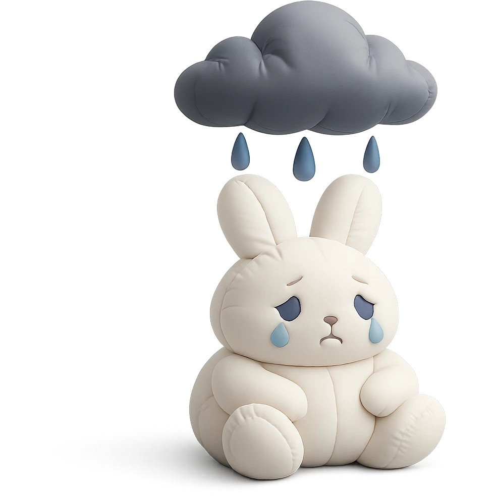 marshmallow bunny sitting with tears under a raincloud, cushion style emoji