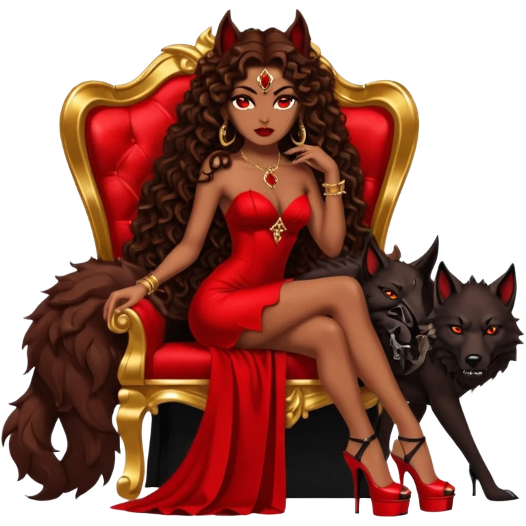 Lilith symbol seductress evil brown curly long hair haired, sexy succubus woman with red and black Chanel dress on. Amred and black stiletto platform high heel shoes on. sitting on a Black and gold throne. A large black wolf laying beside her emoji