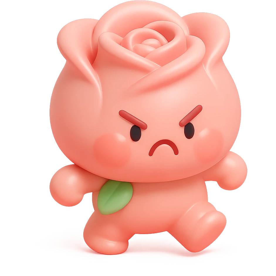 soft pink rose flower with puffed cheeks and an angry pouty face, stomping adorably, pastel tones, chibi round shape, vinyl figure style emoji