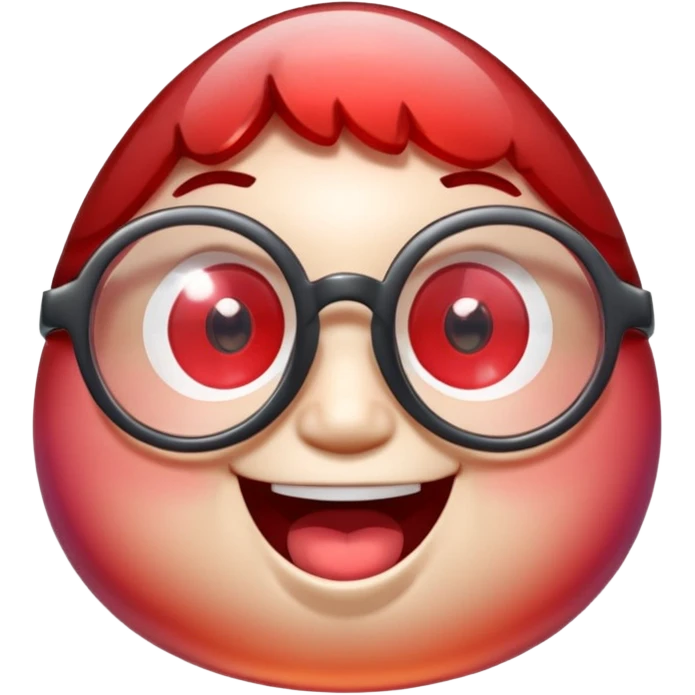 A single chubby crystal gemstone character wearing cute round glasses, chunky and irregular with faceted sides (not egg-shaped), [red] gradient, big glossy eyes behind the glasses and a wide happy smile, 3D cartoon game icon style, high detail, soft lighting, centered on a plain dark background emoji