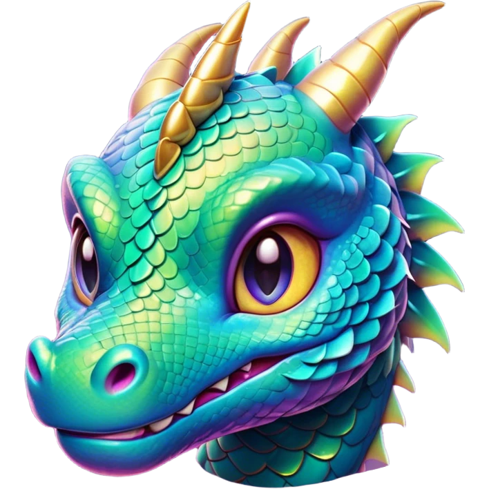 Cinematic Cute Dragon Portrait Emoji, Head tilted playfully and inquisitively, with a sleek, serpentine body adorned in iridescent scales and a charming, expressive face featuring subtle, delicate horns, round, sparkling eyes brimming with curious magic, Simplified yet irresistibly adorable features, highly detailed, glowing with a warm, enchanting glow, high shine, affectionate and mystical, stylized with a touch of whimsical fantasy, soft glowing outline, capturing the essence of a mischievous yet loving dragon that feels like it could slither out of the screen into your arms! emoji