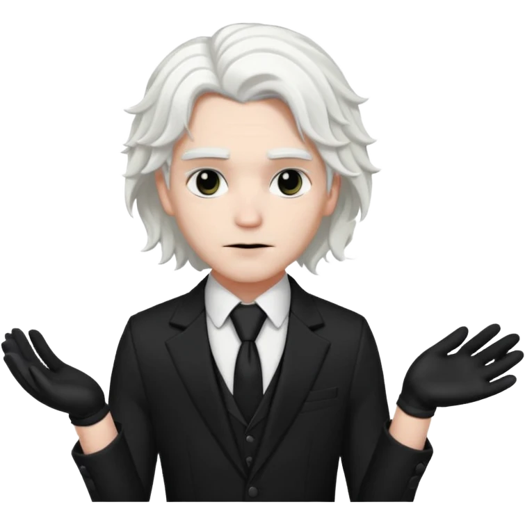 Male Goth with Top Hat
 Wavy shoulder-length hair, white skin, black suit and gloves, pale skin tone, white long hair emoji