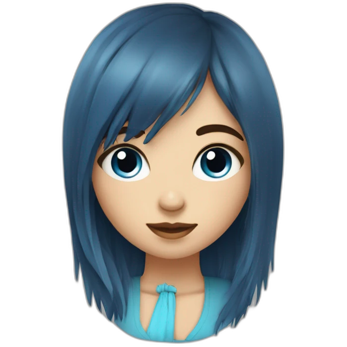 Fille aux yeux bleu brune avec une frange cheuveux long emoji