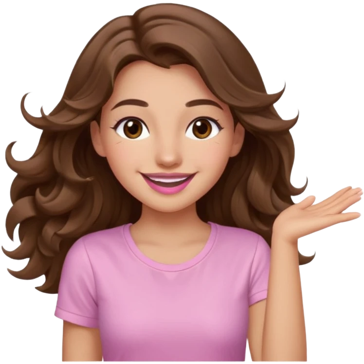 girl with wavy long brown hair, brown eyes, light to medium complexion, long lashes, light pink lipstick, smiling, wearing light pink shirt, dancing emoji