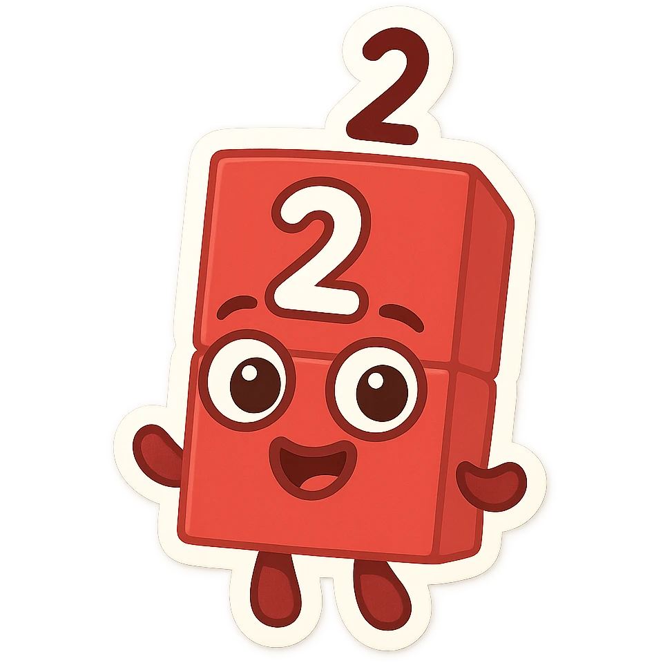 Numberblock 2, two red blocks stacked vertically, big eyes, number 2 visible, cheerful expression, for children, cartoon style emoji