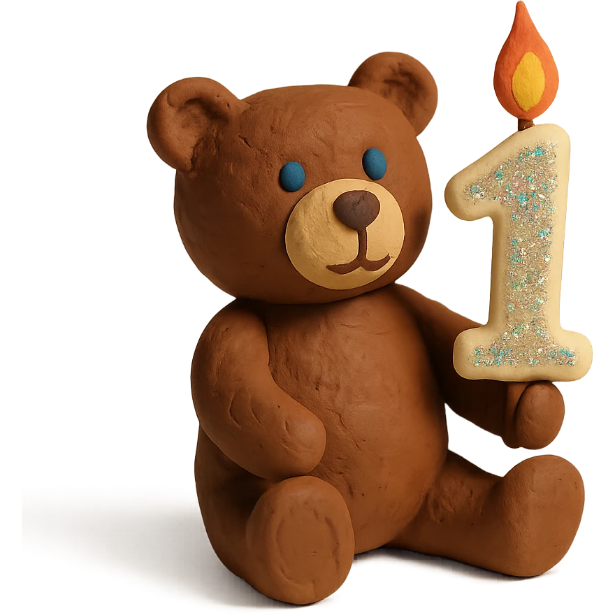 brown teddy holding sparkly number "1" candle, claymation style, transparent background emoji