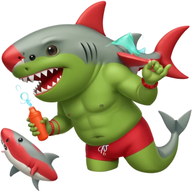 orc male in shark floatie, blowing whistle. Red swim trunks emoji
