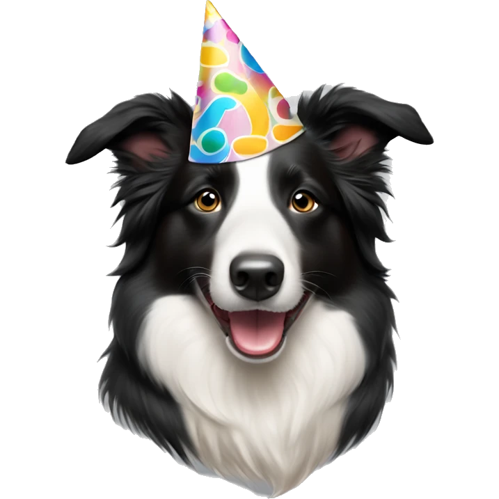 A  happy Australian Border Collie with a half-black, half-white face wearing a Birthday Party Hat.  emoji