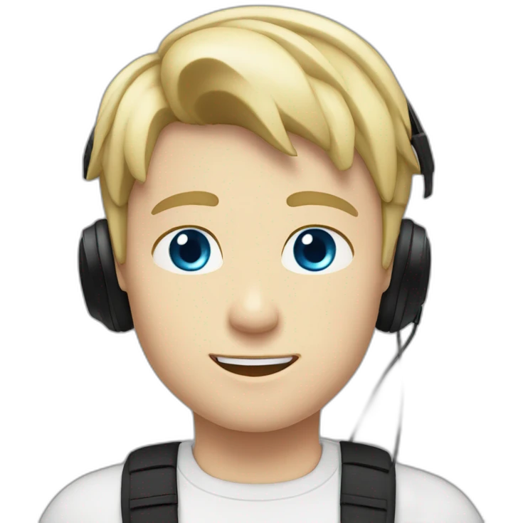 A blond short haired boy blue eyes with a black tank shirt and a black headset emoji