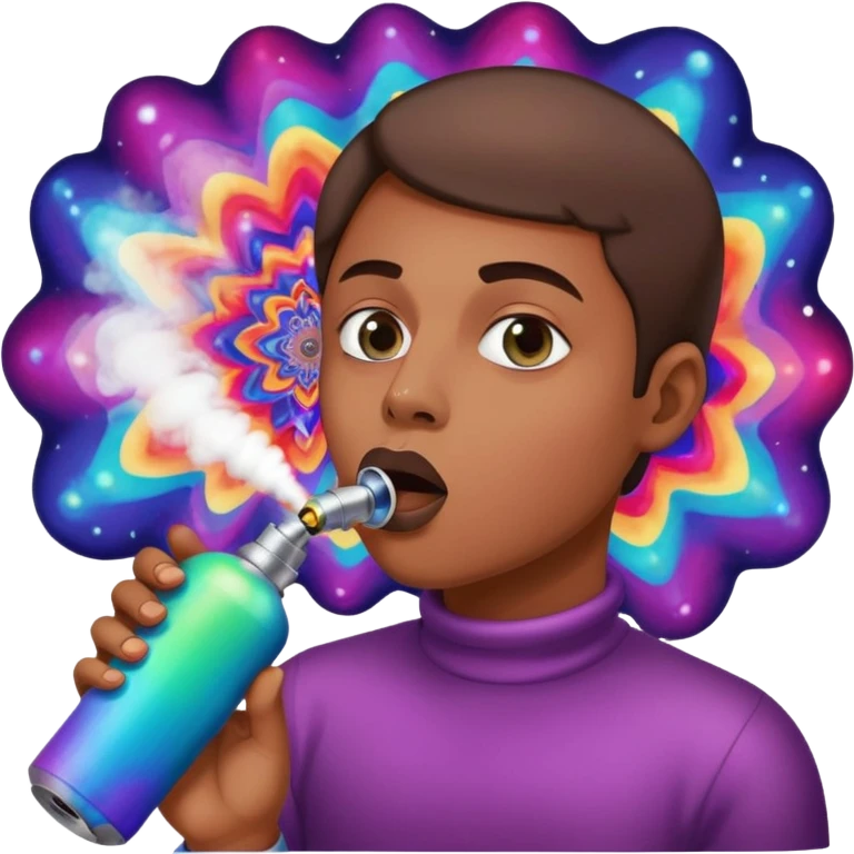 Emoji-style face inhaling from Galaxy Gas nitrous oxide canister, mouth on nozzle, kaleidoscope psychedelic eyes, colorful vapor swirling emoji