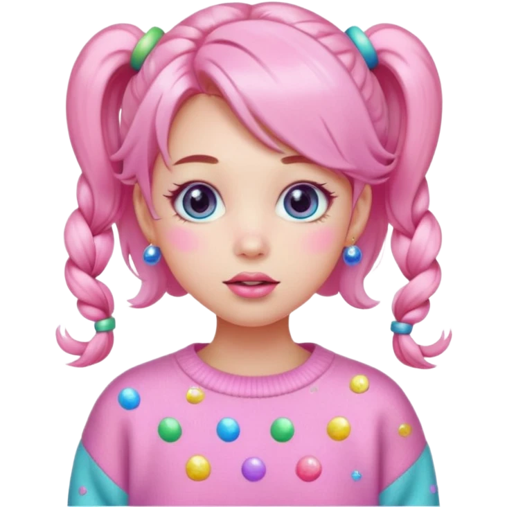 “Emoji girl, pastel pink blush, sparkly wide eyes, glossy bubblegum lips, hair in pigtails with colorful clips, oversized pastel sweater.” emoji