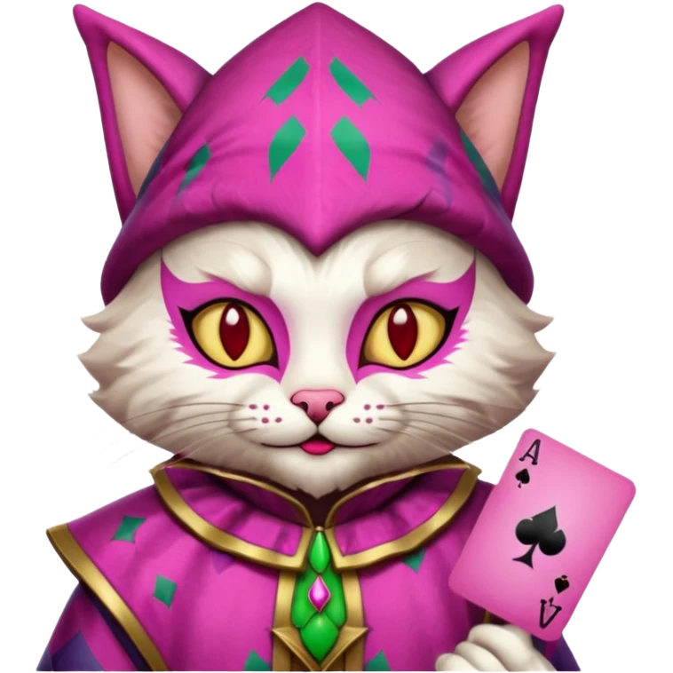 court jester cat medieval, single poker card joker, pink, face only emoji