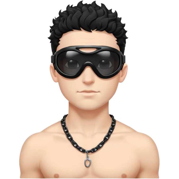 shirtless male athlete with white skin and moderately curly black hair on top with shaved sides, wearing black ski goggles with very dark heavily tinted black lenses that completely hide the eyes, and a simple plain black chain necklace, no earrings emoji