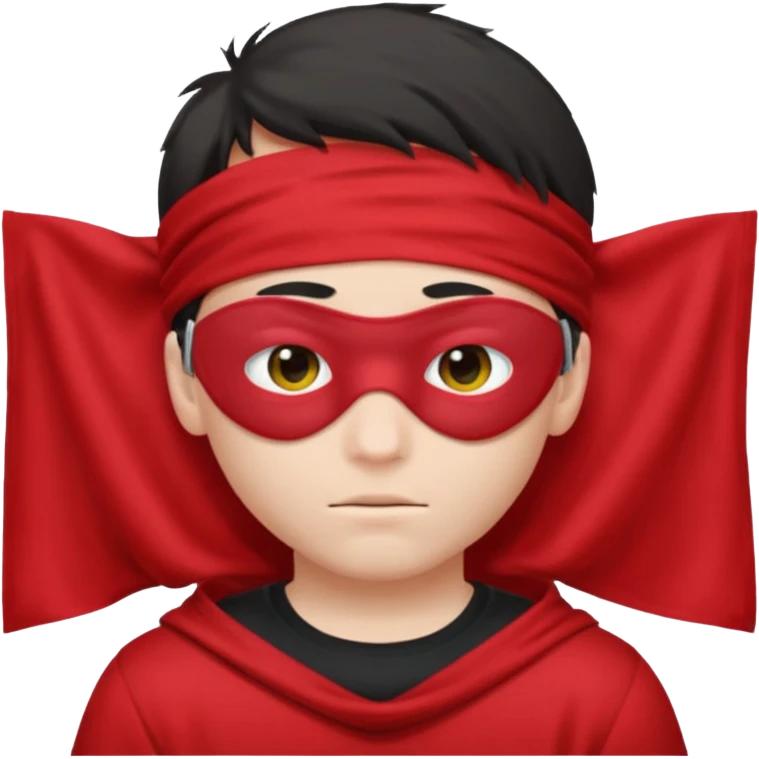 boy wearing red cloth over only eyes boy wears black t-shirt emoji