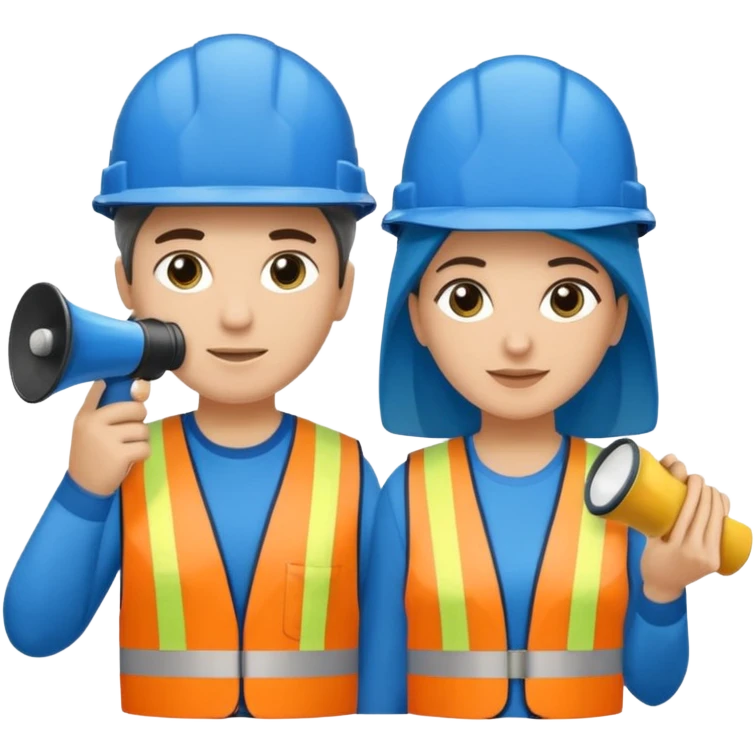 Duas pessoas com capacete de obras azul e um megafone na mão e camisa social cinza com faixas reflexivas verdes nos braços. Deve ser um homem e uma mulher. Os dois capacetes devem será azul escuro. emoji