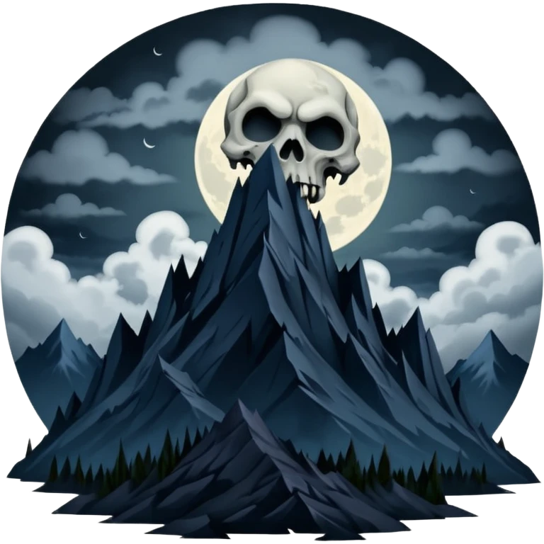 A dark and evil mountain range with a creepy moon and clouds over head. In the style of your bleeding skull art emoji