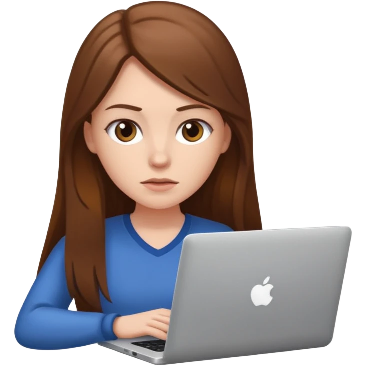 white girl with long brown hair using a laptop, focused expression emoji