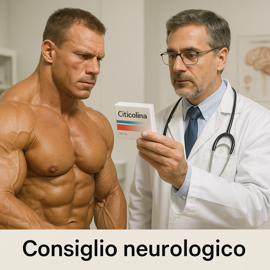 hyper realistic bodybuilder consulting neurologist holding Citicolina, sculpted muscles, doctor in white coat, text 'Consiglio neurologico', clinical atmosphere, light background emoji