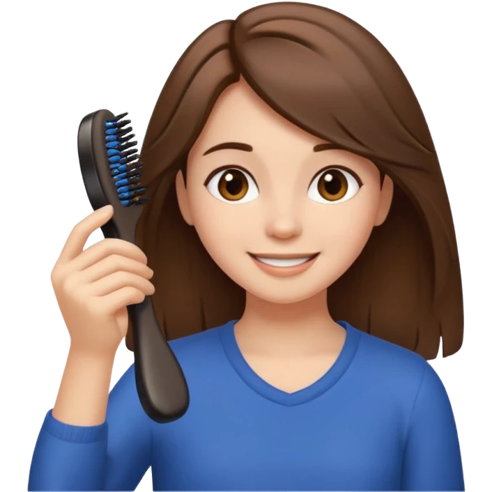 happy girl with medium-length brown hair brushing her hair, clean and cute, iPhone emoji style emoji