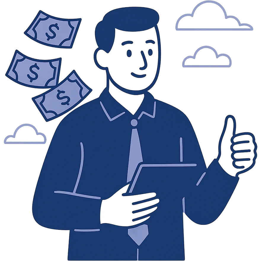 a trader with dollar bills flying behind him, flat modern style, Middle Eastern trading theme emoji