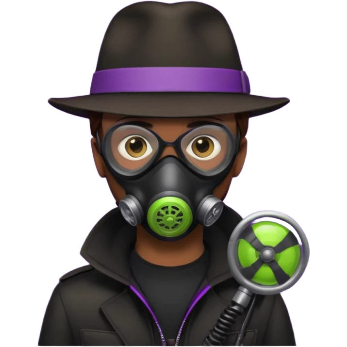 Male Hacker with a fedora with brown hair wearing a gasmask. Color scheme is black, lime-green and purple emoji