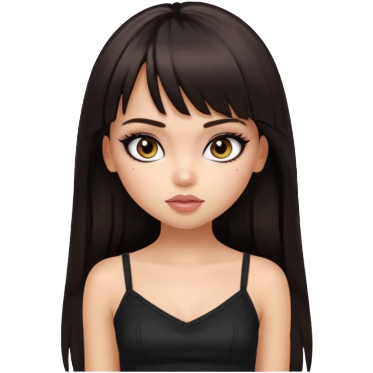 generate a pretty bratz girl in black cami top, dark brown straight long hair with bangs, eyeliner on,  emoji