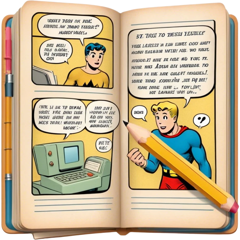 Create a detailed emoji representing the process of writing texts for comic books. The design should feature a large, open comic book with vintage comic strips visible on its pages. A pencil should be shown writing text on one of the comic panels, but without a hand. The pencil should appear as though it is actively creating the dialogue or narration. Use a classic color palette with muted tones for the comic book and brighter accents on the pencil to draw attention to the writing process. Do not include any emojis or smiley faces. Make the background transparent. emoji